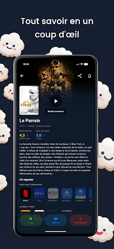 Capture d'écran NextWatch — fiche détaillée d'un film avec note, synopsis et plateformes de streaming