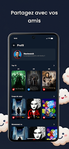 Capture d'écran NextWatch — profil utilisateur avec Top 10 et partage entre amis