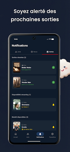 Capture d'écran NextWatch — notifications des prochaines sorties et disponibilités streaming
